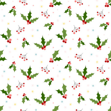 Cute seamless winter pattern with holly berries and leaves on white background. Simple cartoon print for textile design, wrapping paper 