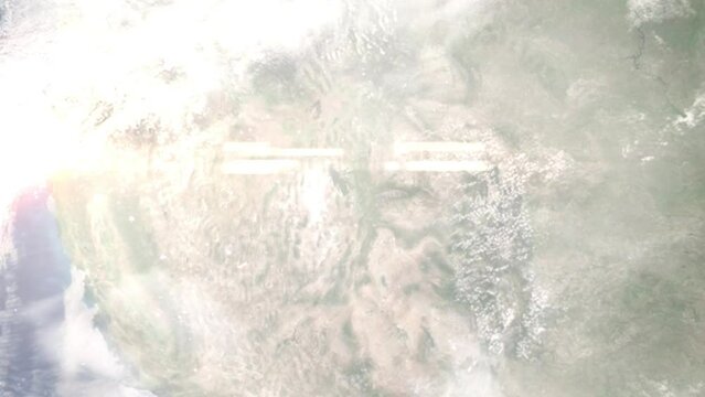 Earth zoom in from outer space to city. Zooming on West Jordan, Utah, USA. The animation continues by zoom out through clouds and atmosphere into space. Images from NASA