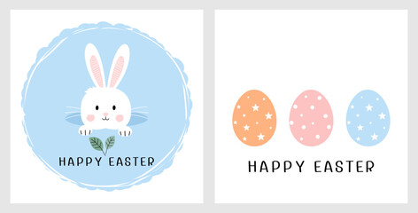 Happy Easter card sign with bunny rabbit cartoon, Easter eggs and hand written fonts vector.