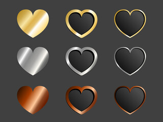 Heart gold silver copper set vector collection. Love symbol icon set, Heart symbol icon set on a white background vector illustration