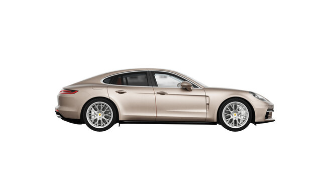 PORSCHE PANAMERA, 3d rendering of brown grey Porsche car on isolated PNG transparent background	