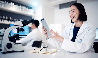 Science, laboratory and woman scientist with tablet, research for pharmacist or healthcare worker...
