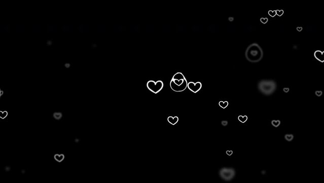 Abstract loop animation white hearts flow from left to right on black background. Animation for Valentine day, Birthday party, wedding or any holiday. Background for romantic animation. 