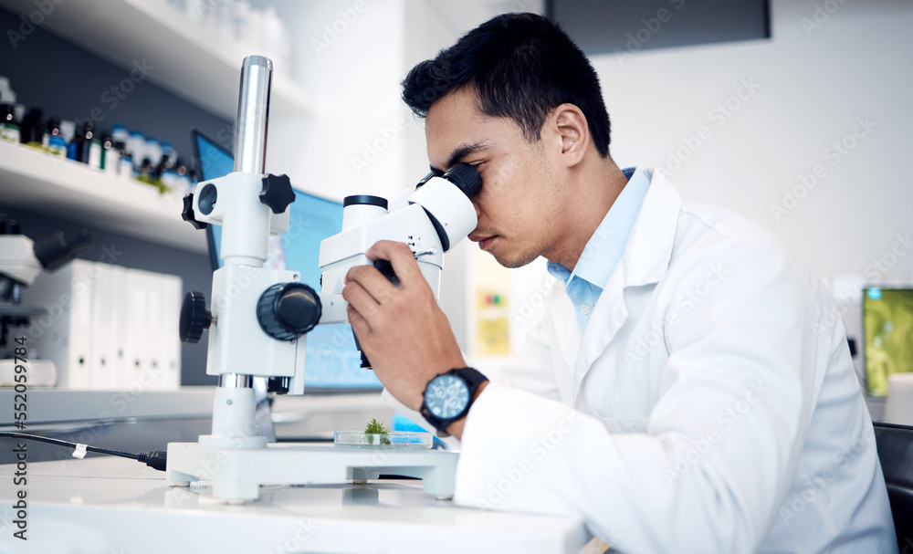 Aufkleber Microbiology, research and scientist with microscope for bacteria in a lab, studying particles and science atom. Healthcare, innovation and worker with technology for medicine, atom data and test