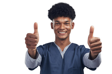 PNG shot of a male nurse showing thumbs up while standing.