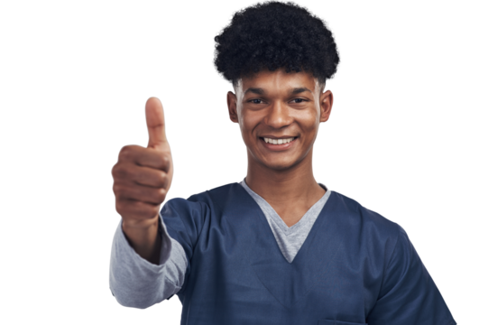 PNG shot of a male nurse showing thumbs up while standing.