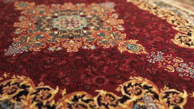 Asian Rug For Sale In Fabric And Textile Shop In China. macro, sliding shot