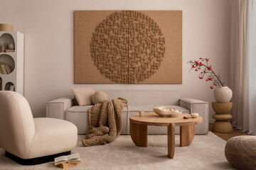 Creative composition of living room interior with mock up poster frame, beige sofa, wooden coffee...