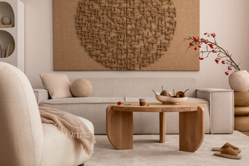 Warm and cozy living room interior with mock up poster frame, modular beige sofa with pillows,...
