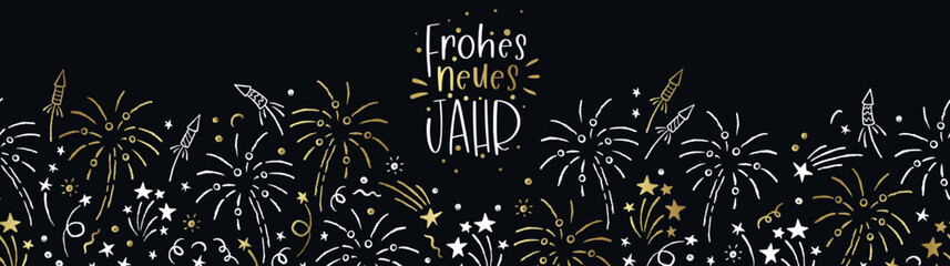 Lovely hand drawn party seamless pattern with German saying "happy new year", great for New Year's Eve, banner, cards, banner, wallpaper, invitations - vector design