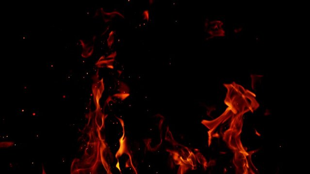 Super Slow Motion of Fire With Sparks Isolated on Black Background. Filmed on High Speed Cinema Camera, 1000fps.