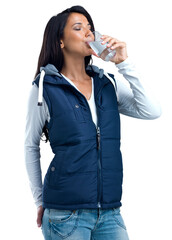 PNG A studio shot of a beautiful woman drinking a glass of water.