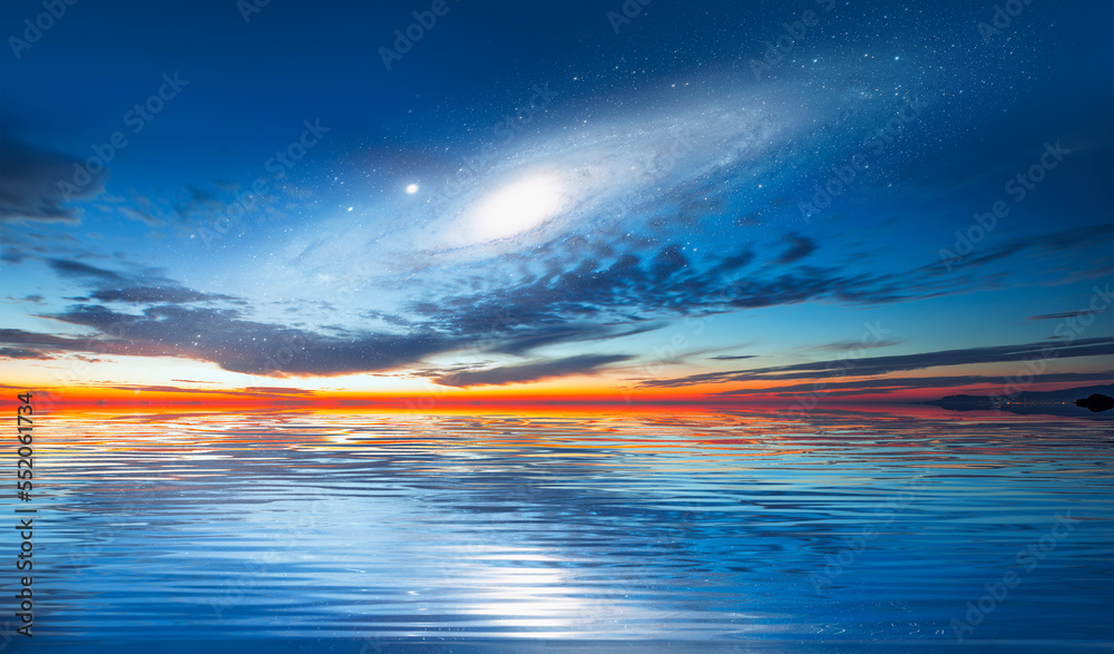 Poster Andromeda Galaxy over the sea with sunset reflection on the sea 