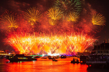Phra Phuttha Yodfa Bridge or Memorial Bridge light up with fireworks event show. ‘Vijit Chao...