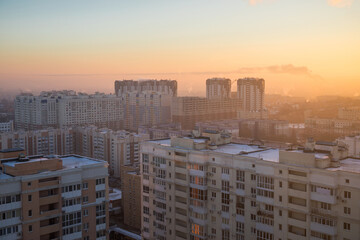 Winter frosty morning - view from the window the city of Samara