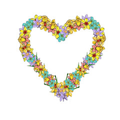 Flower heart illustration, hand drawing, copy space