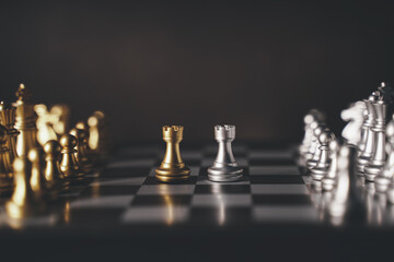 concept Chess pieces are arranged on a chessboard. The beginning of a chess game. Chess as a symbol of leadership, struggle, victory, strategy, business. Retro style.coppy space.