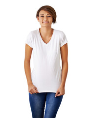 Obraz premium PNG of a portrait of a beautiful young woman showing copyspace on her t-shirt.