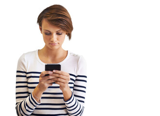 Fototapeta premium PNG of a cropped shot of a beautiful young woman using a smartphone.