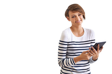 PNG of a cropped portrait of a beautiful young woman holding a tablet.