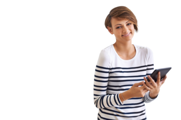 PNG of a cropped portrait of a beautiful young woman holding a tablet.