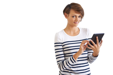 PNG of a cropped portrait of a beautiful young woman holding a tablet.
