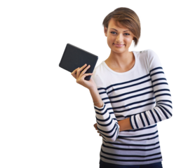 PNG of a cropped portrait of a beautiful young woman holding a tablet.