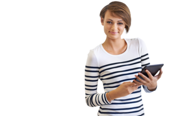 PNG of a cropped portrait of a beautiful young woman holding a tablet.