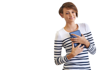 PNG of a cropped portrait of a beautiful young woman holding a tablet.