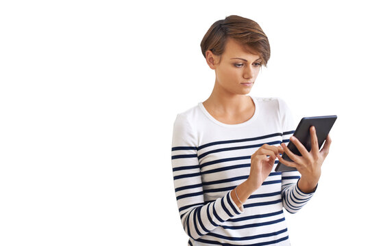 PNG of a cropped portrait of a beautiful young woman holding a tablet.