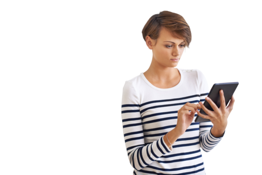 PNG of a cropped portrait of a beautiful young woman holding a tablet.