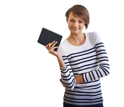 PNG of a cropped portrait of a beautiful young woman holding a tablet.
