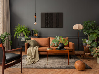 Interior design of living room interior with mock up poster frame, brown sofa, plants, wooden...