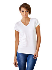 PNG of a cropped portrait of a beautiful young woman in jeans and a t shirt.