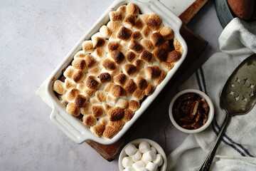 Homemade Sweet potato casserole topped with toasted marshmallows - holiday foods