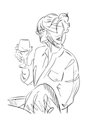 Fashion woman drinks wine in cafe, abstract portrait, line art, quick sketch, vector fashion illustration, girl beauty minimalist, vector illustration