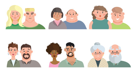 Cartoon men and women couples portraits set. Male and female various age people icons collection. Vector illustrations.
