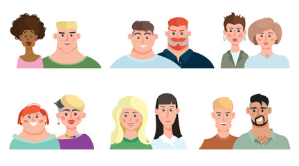 Cartoon traditional and LGBT couples portraits set. Male and female various age people icons collection. Vector illustrations.