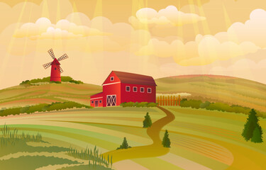 Rural landscape vector illustration. Agriculture and farm landscape background