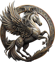 3d rendering of pegasus on metal badge without background