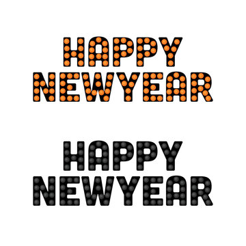 Happy new year lettering with marquee lights template on white background.