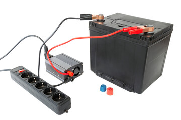 Power inverter connected to the battery, DC to AC converter, on isolated white background.