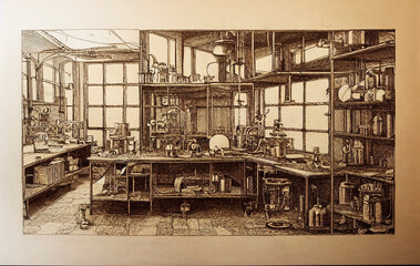Chemical laboratory, chemical tubes and flasks of different shape and color, generative ai illustration in etching style