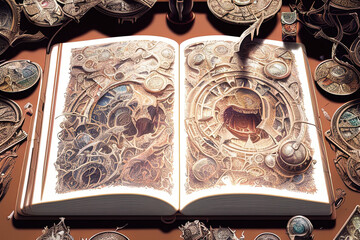 magic spell book sitting on a table in the catacombs, hypermaximalist, insanely detailed and intricate - AI Generated