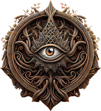 3d rendering of illuminati eye on metal badge without background
