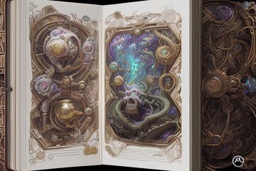 magic spell book sitting on a table in the catacombs, hypermaximalist, insanely detailed and intricate - AI Generated