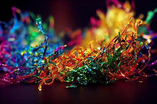 Background image of Christmas decorations: serpentine, balls, tinsel, garlands. Beautiful neon colors with glitter.