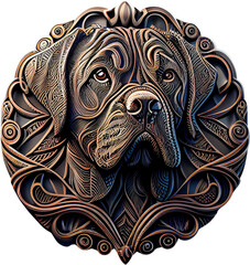 3d rendering of a mastiff on a metal badge without background - obrazy, fototapety, plakaty