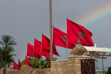 Row of Moroccan flags fluttering in Rabat, Morocco