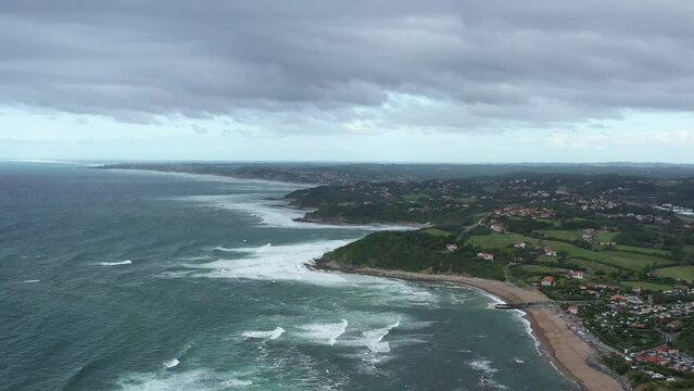 French Basque Country aerial shot Atlantic ocean coastline cloudy day